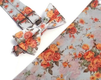 Dusty blue Rust Burnt orange terracotta roses bow tie suspenders fall wedding ideas groomsmen groom face mask