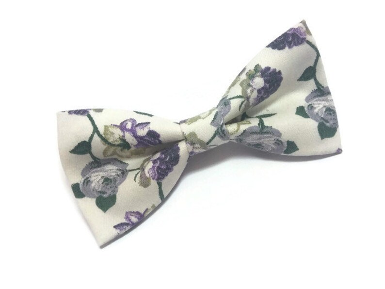Ivory cotton bow tie in grey purple roses pattern stylish mens/' accessories wedding day ideas for men boys for toddler for boyfriend A482b5