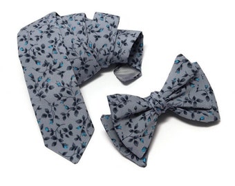 GRAY BLUE floral bow tie, tiny black blue blossoms,regular necktie men groom,neckties groomsmen,ringbearers outfits,brother of the bride,son