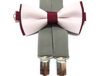 Grey Burgundy Blush,wedding set,ringbearer outfit,set of bowtie braces,GRAY suspenders,2colored bow tie,wedding bowties,groomsmen proposal