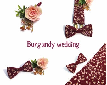 Burgundy beige necktie match suspenders bowtie Boho Glam Fal wedding ideas men groomsmen groom dog ring bearer outfit toddler infant groom