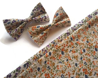 mix match liberty flowered bow ties in orange and violet colours fall wedding ideas ring berarer outfirts for infant for toddler littre boys