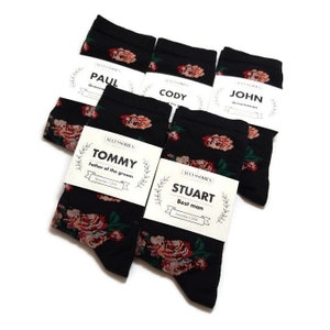 BLACK floral GROOMSMEN SOCKS,roses pattern,groomsman proposal box,personalized labels and socks,adult size,groom best man,usher officiant