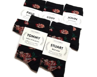 BLACK floral GROOMSMEN SOCKS,roses pattern,groomsman proposal box,personalized labels and socks,adult size,groom best man,usher officiant