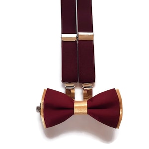 GoldBurgundy bow tie,WINE elastic suspendes SILVER CLIPS ,berry wedding set ringbearer boys,groomsmen outfit,groom gold necktie Bow tie+Suspenders