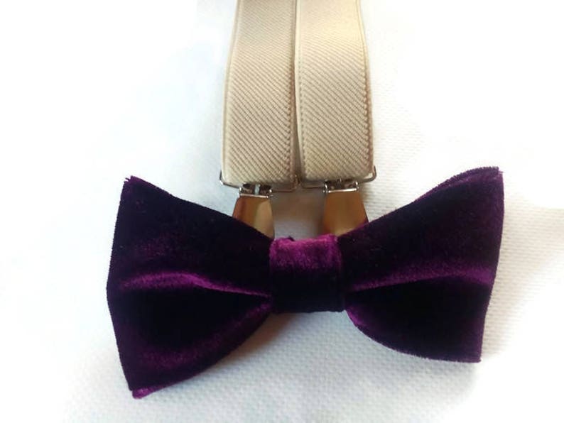 Velvet PLUM Bow Tie for Wedding Suspenders Sand Beige Braces Etsy