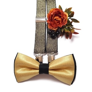 Gold BLACK bow tie and sequinned suspenders groomsmen wedding boutonnieres groom guests gift ideas ring bearer outfit baby boys birthday set