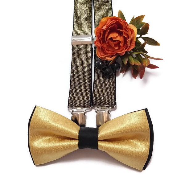 Gold BLACK bow tie and sequinned suspenders groomsmen wedding boutonnieres groom guests gift ideas ring bearer outfit baby boys birthday set