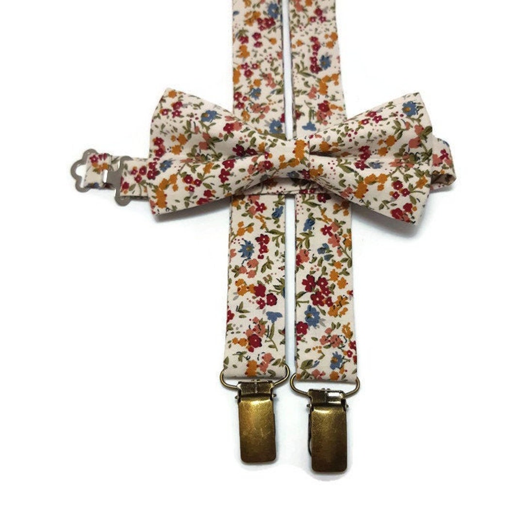 White Red Mustard Floral Bow Tie ,FABRIC Suspenders,ring Bearer Set ...