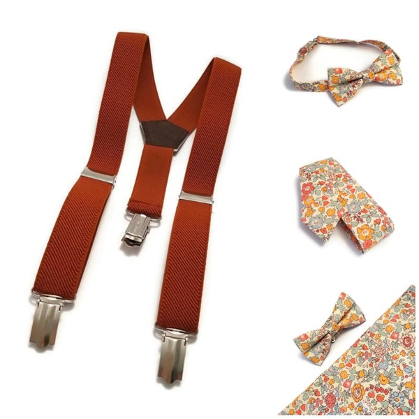 TERRACOTTA suspenders bowtie BRIGHT rust orange terracotta sky blue floral  skinny necktie 2.5'' wide wedding outfit for ring attendant boys