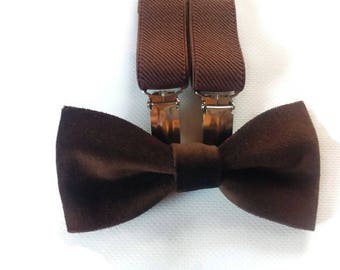 brown suspenders and bow tie VELVET brown set for ring bearers wedding attire groom , groomsmen , toddler , BS458/2  , father of the bride