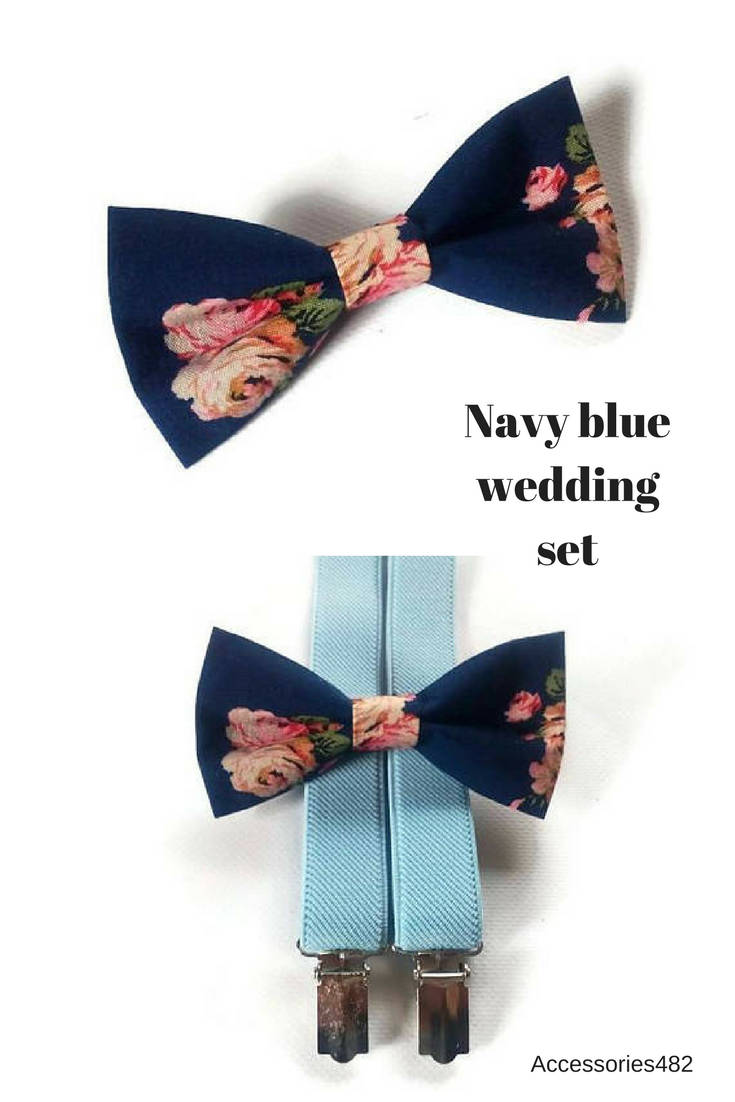 Baby blue suspenders set of bow tie dark blue in roses Etsy