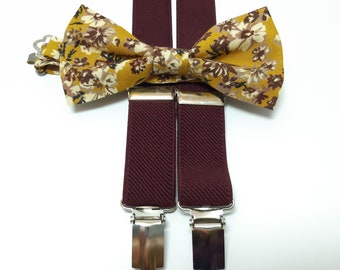MUSTARD floral bow tie and BURGUNDY WINE suspenders wedding set ring bearer groomsmen groom wedding 2022 neckties self tie bowtie dog owner