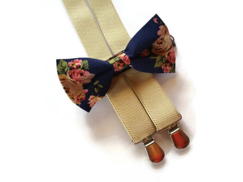 Beige Suspenders and Navy Roses Floral Bowtie for Wedding - Etsy