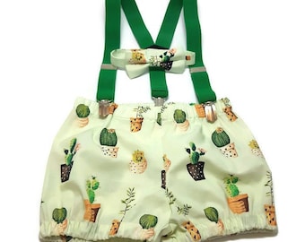 Baby boys birthday outfit,cake smash outfit,diaper cover,toddler bowtie,GREEN suspenders,Cactus bloomers,party hat,kids brace,photoprops set