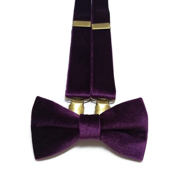 AUBERGINE velvet bow tie and suspenders for groomsmen Modern industrial coctail wedding ideas for groom Best man page boy outfit Father Son