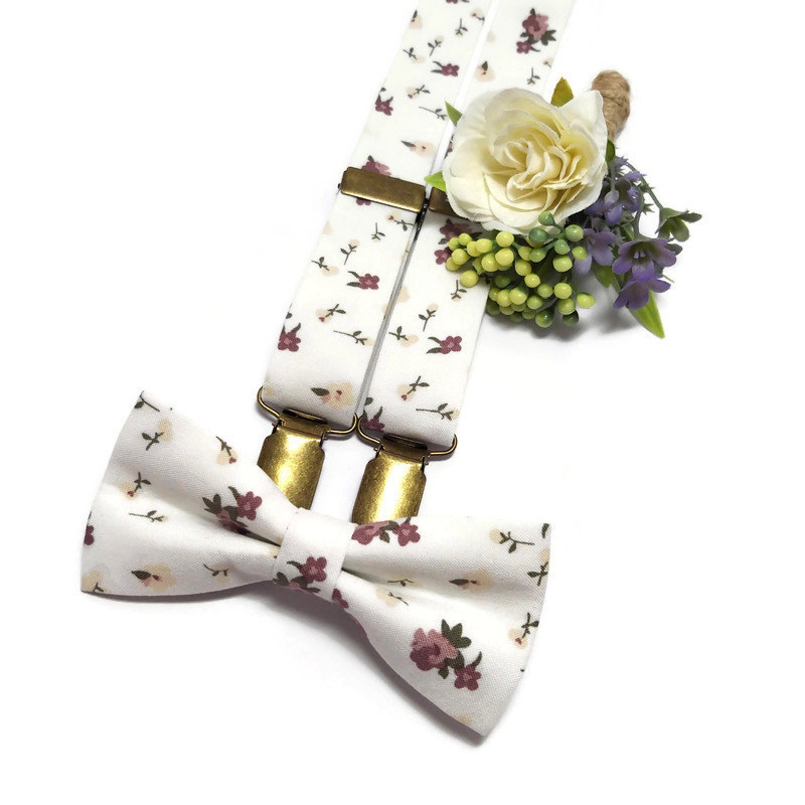 White Floral Boutonniere and Bow Tie Suspenders Set for Men Etsy