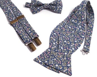 LIMITED EDITION_Dusty blu denim floral bowtie Groomsmen skinny necktie Wedding suspenders Groom outfit Ringbearer outfit Father of the Bride