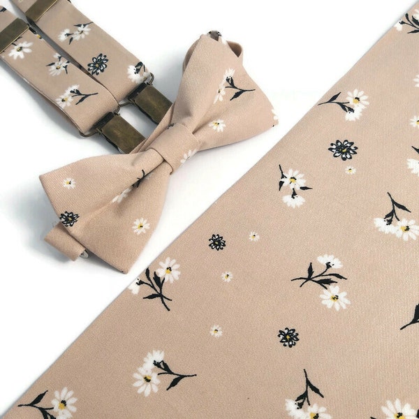 Pastel beige floral bow tie  Groom skinny necktie 2,5'' Groomsmen suspenders Father of the Bride toddler ring bearer