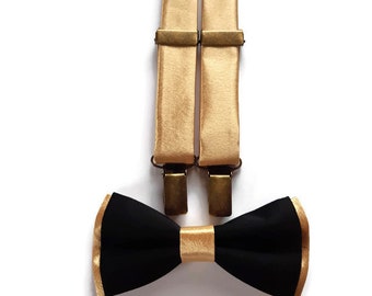 BLACK+GOLD wedding,black bow tie GOLD suspenders,ringbearer gold outfit,groomsmen bow ties,groomsmen suspendes,bowtie gold groom,boyssset