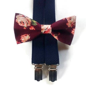 Navy blue suspenders & burgundy bow ties for men braces floral roses necktie clip on toddler groomsmen groom baby boys adjustable strap A482