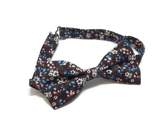 Chocolate brown bow tie floral print tiny white blue blossoms men groomsmen groom wedding day outfit boys ring bearers hesaudyesshe