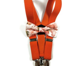 BURNT ORANGE suspenders wedding Coral pink beige ivory pastel floral necktie ringbearer bowtie pocket square Groomsmen Groom FAther Brother