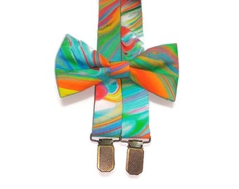 Rainbow watercolor bow tie and matchingx suspenders set for ring brearer outfit wedding groom fiancee groomsmen wedding attire men