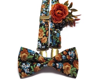 Black rust blue bright floral suspender matching bow tie Botanical garden wedding Groomsmen Father of the Bride brother ring bearer boy baby