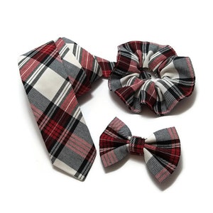 LIMITED EDITION Matching Dog Owner red GRAY whitee tartan plaid necktie bandana scarf family photoshoot outfit cat pet scrunchie bow tie