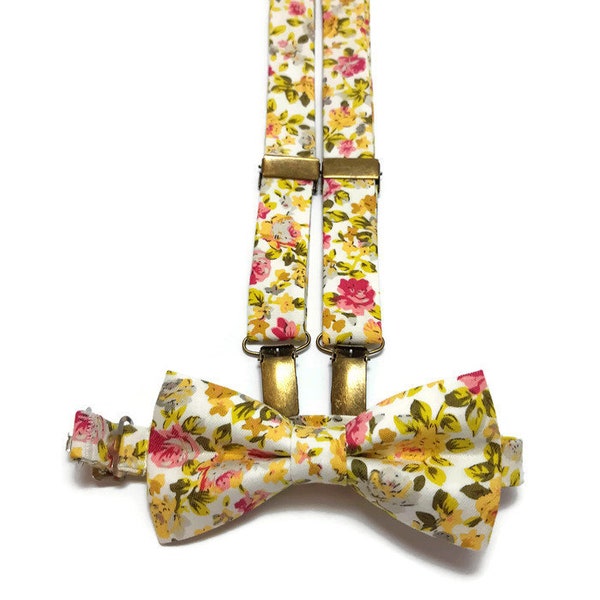 white yellow pink floral roses bow tie ,FABRIC suspenders,groomsmen floral ties,groom necktie,ring bearer outfit,photoshoot baby boy,toddler