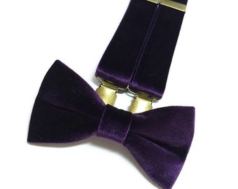 DEEP PURPLE velvet men's bow tie boys suspendersset groomsmen gift ideas toddler outfit will you be my ring bearer proposal box Best man