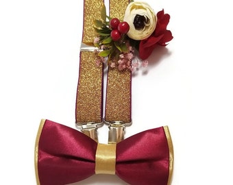 Gold+Burgundy satin bow tie Sparkle Sequinn suspenders groomsmen outfits for men Prom set Groom self tie bow tie Matching pocket square boy