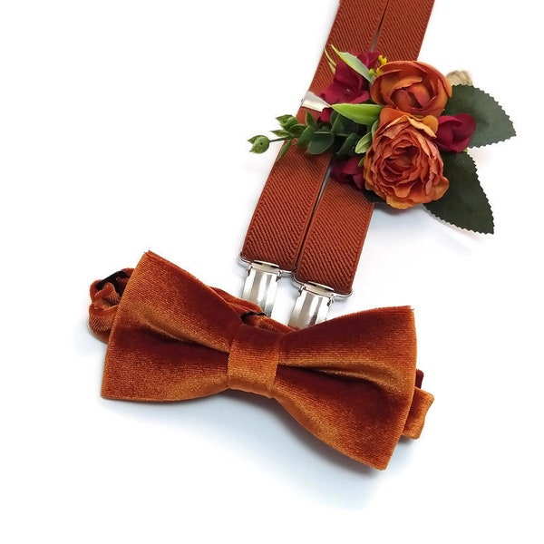RUST VELVET bow tie Terracotta elastic suspenders Groom outfit Groomsmen neck ties pocket square boutonnieres Father of the Bride attire