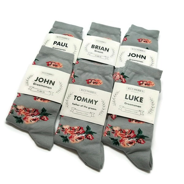 Groomsmen proposal Socks with Personalized labels Light Grey floral men's sock Groom Brother Father's day gift Country Farm wedding