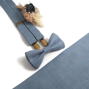 DUSTY BLUE bow tie Baby boy wedding 2023 linen bowtie suspenders necktie groomsmen ring bearer proposal groom to be gift ideas toddler Usher