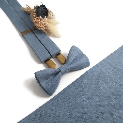 Dusty Blue Bow Tie & Leather Suspenders Wedding Suspenders Etsy