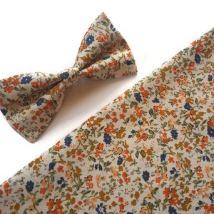 white orange tiny blossoms bow tie floral skinny tie for wedding self tie bowtie and matching floral suspenders  groomsmen ring bearer groom