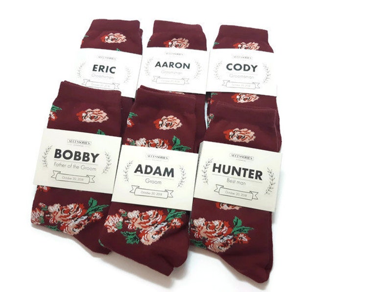 Matching necktie socks Burgundy floral wedding suspenders Groomsmen gifts proposal idea Father of the Bride Groom selftiedbowties Ringbearer Socks and Labels