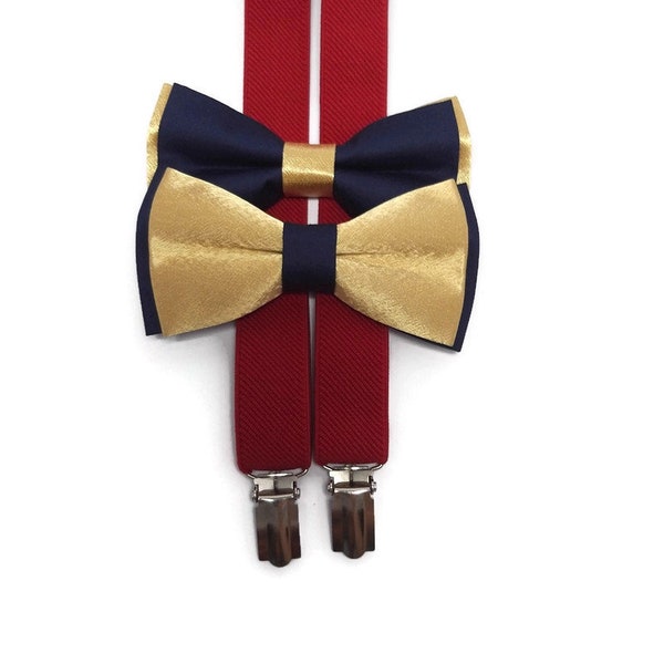 2 styles of bow ties, NAVY blue+Gold, GOLD+Navy blue,RED elastic Y-back suspenders,set page boy bowtie,groomsmen neckties,groomsoutfitmen