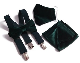 GREEN emerald Wedding velvet skinnu men tie Ring bearer ELASTIC Suspenders Groomsmen bow ties Usher hanky Toddler clip on bow Duck face Mask