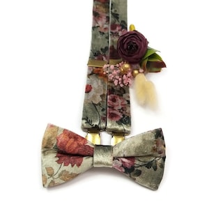 Olive green floral VELVET suspenders bow tie matching boutonniere necktie pocket square groom young groomsmen wedding 2024 ring bearer boys