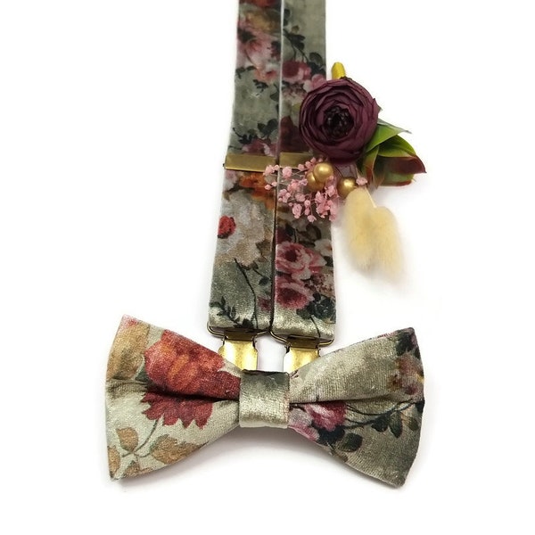 Olive green floral VELVET suspenders bow tie matching boutonniere necktie pocket square groom young groomsmen wedding 2024 ring bearer boys