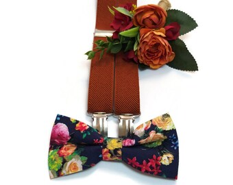 DARK BLUE red yellow floral bow tie set terracotta suspenders rust wedding outfitn grromsmen ring bearer neckties pocket square self tied