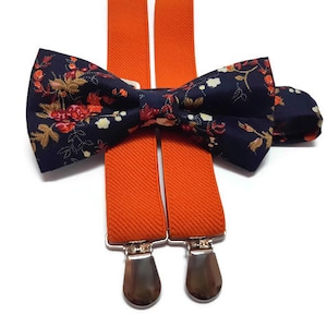 navy blue blooming bow tie,ORANGE suspenders,groomsmen bow ties,wedding neck ties,groom,ring bearer outfit,father son set,matching set,n5tie