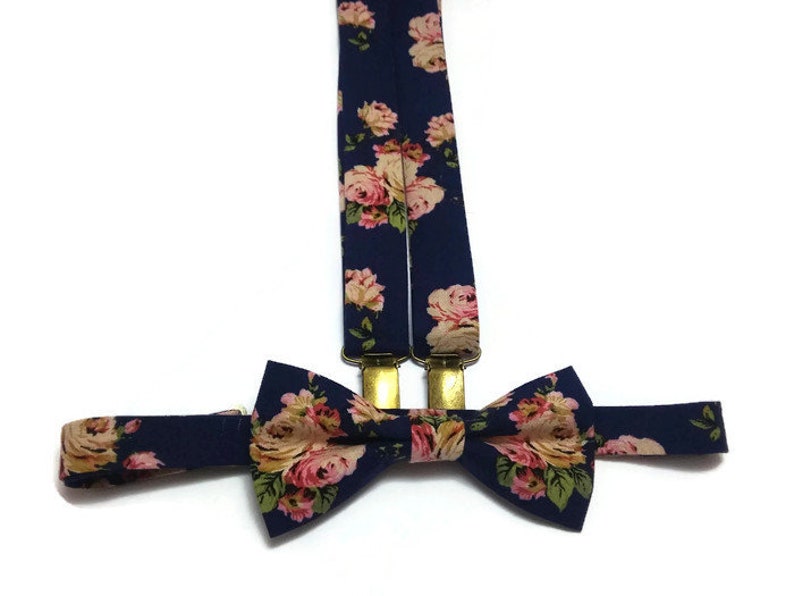 NAVY blue floral bow tie and matching suspenders roses Etsy