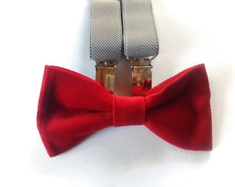 RED velvet bow tie GRAY suspenmders set ring bearer wedding outfirt for little boys guys toddler, groomsmen , groom attires party BV114/2