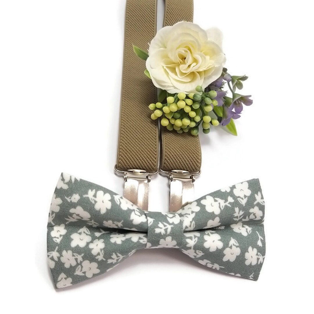 SILVER SAGE Bow Tie Tan Braces White Patterned Slim Necktie Groom ...
