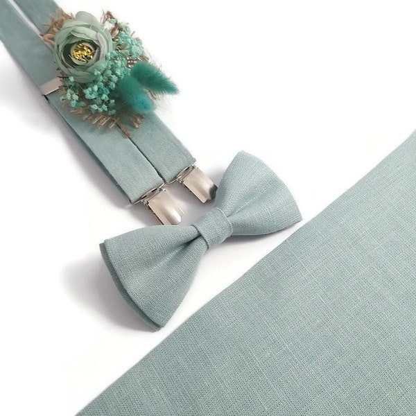 Mint GREEN linen set of braces and bow tie and necktie Ring bearer outfit wedding attire for men groomsmen photoshoot outfit FathertheBride