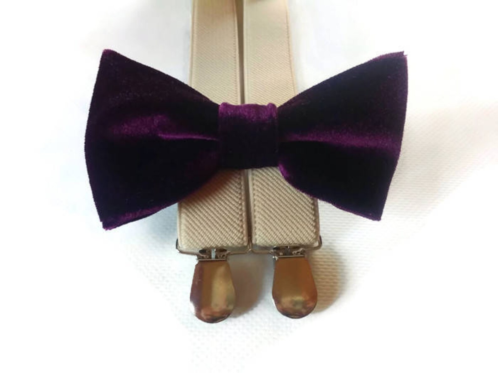 Velvet PLUM bow tie for wedding suspenders sand beige braces Etsy